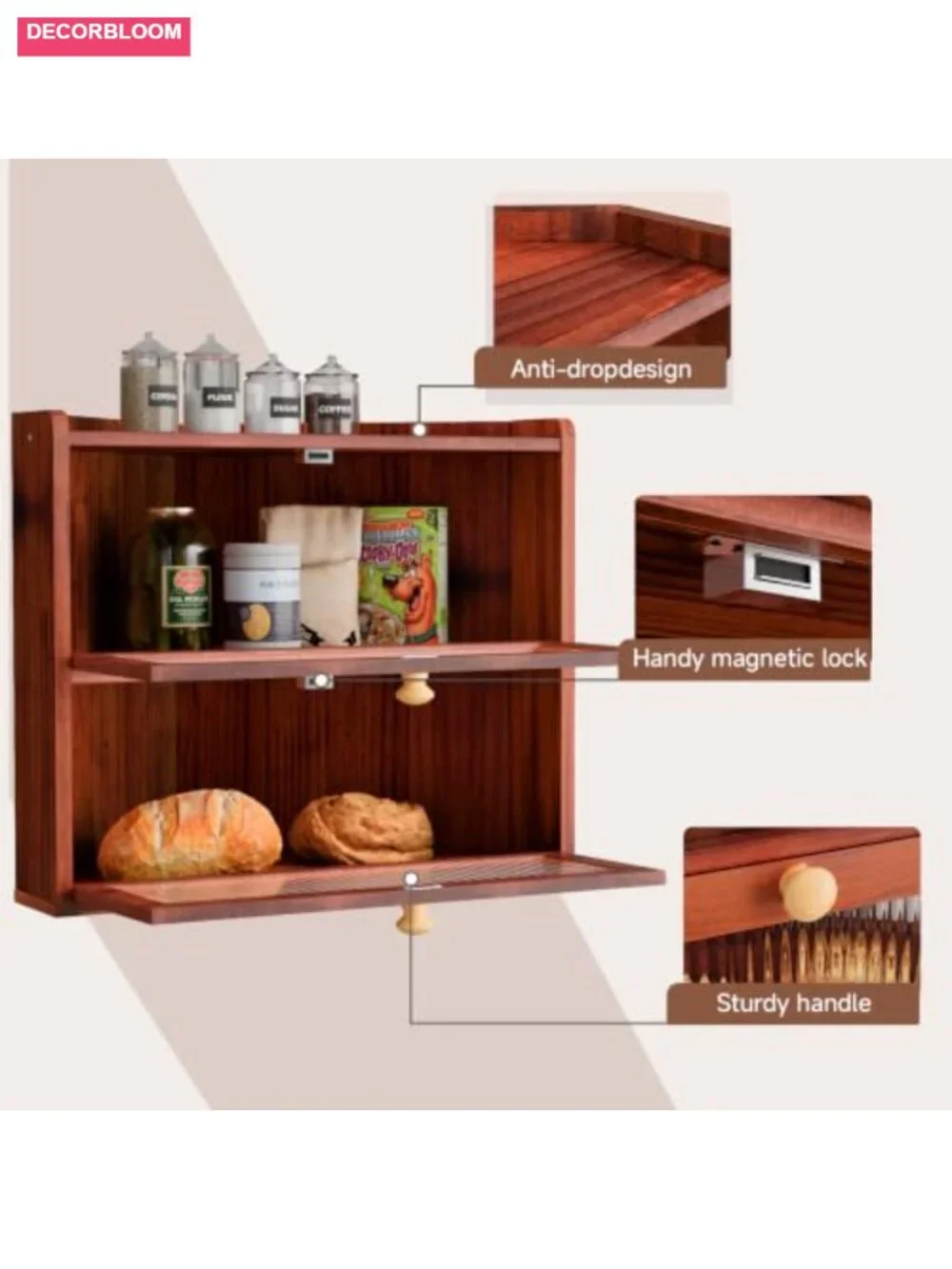 Wooden Corner Bread Box 2-Tier Pine with Magnetic Latch
